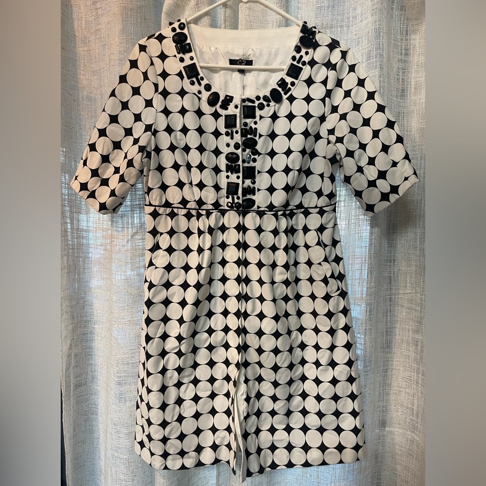 C2 by Calibrate Black and White Polka Dot Short Sleeve Dress with Jewel Trim
